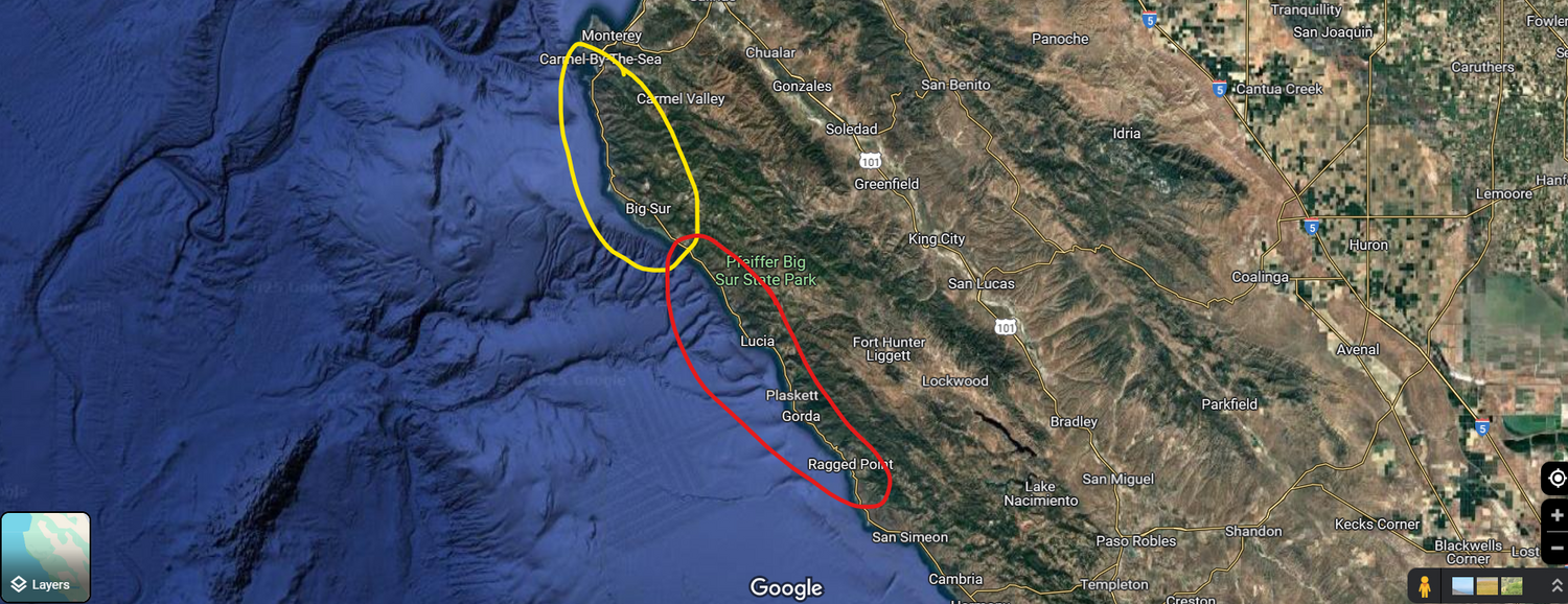 Satellite map view of the California coastline showing a portion of Central California and the Pacific Ocean.