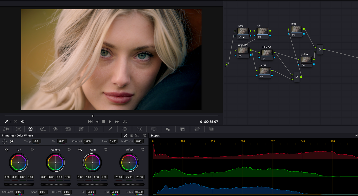 Video editing interface showing color grading controls and waveform monitors for professional post-production work.
