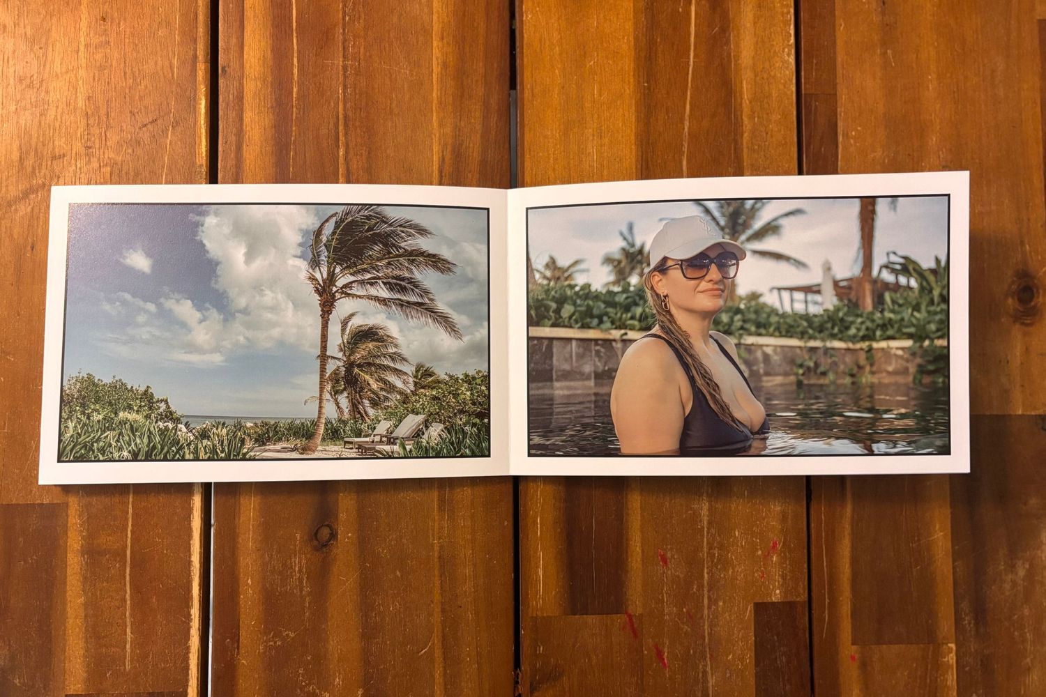 Two photographs displayed on wooden planks show palm trees bending in tropical winds and a beachside scene.