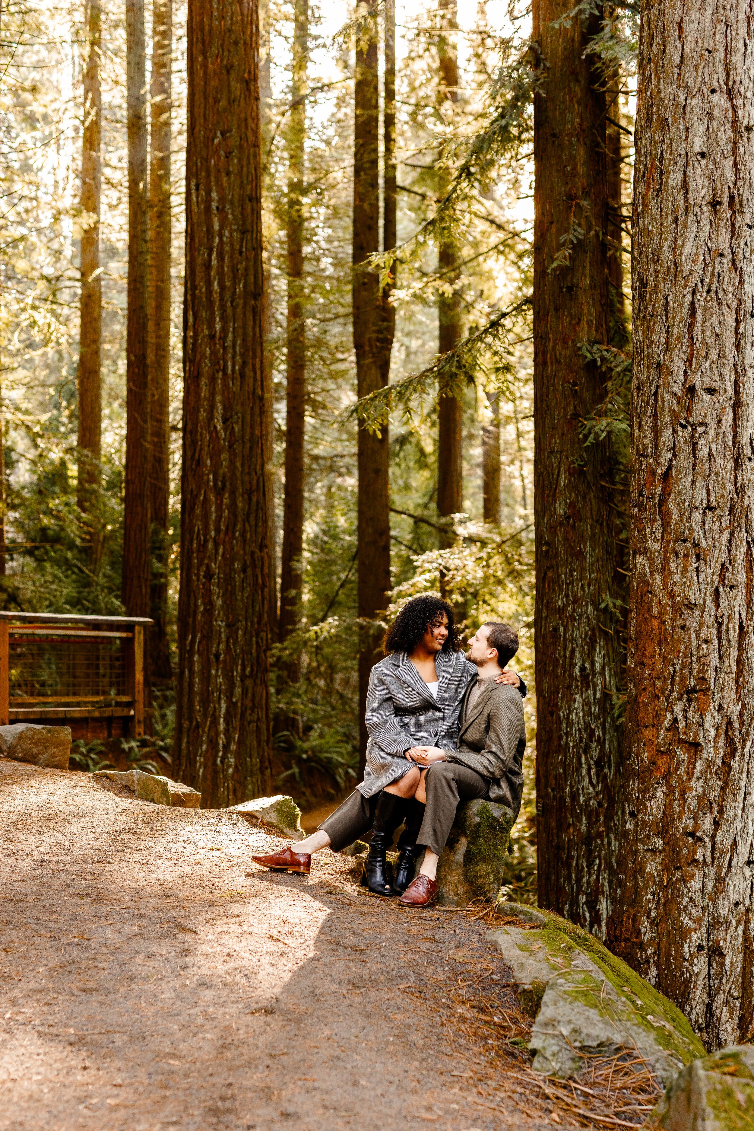Couple sitting together on a rock in a sunlit redwood forest, sharing a romantic moment on a winding trail.