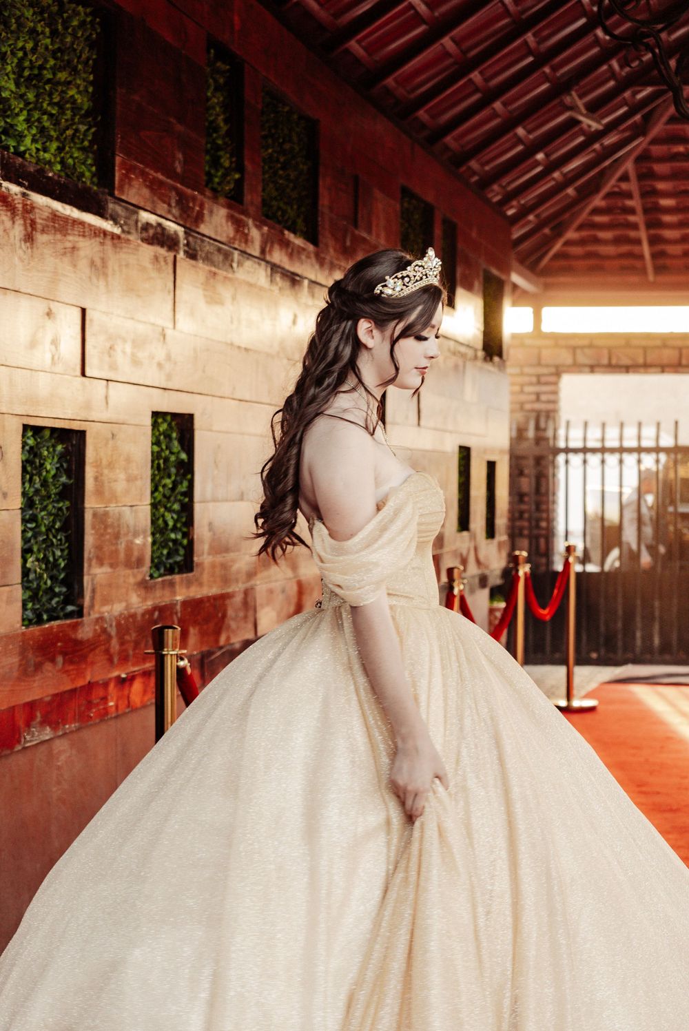 Chica en sesión de Sweet 16/XV años, wearing a beautiful dress, posando en un jardín salon de eventos