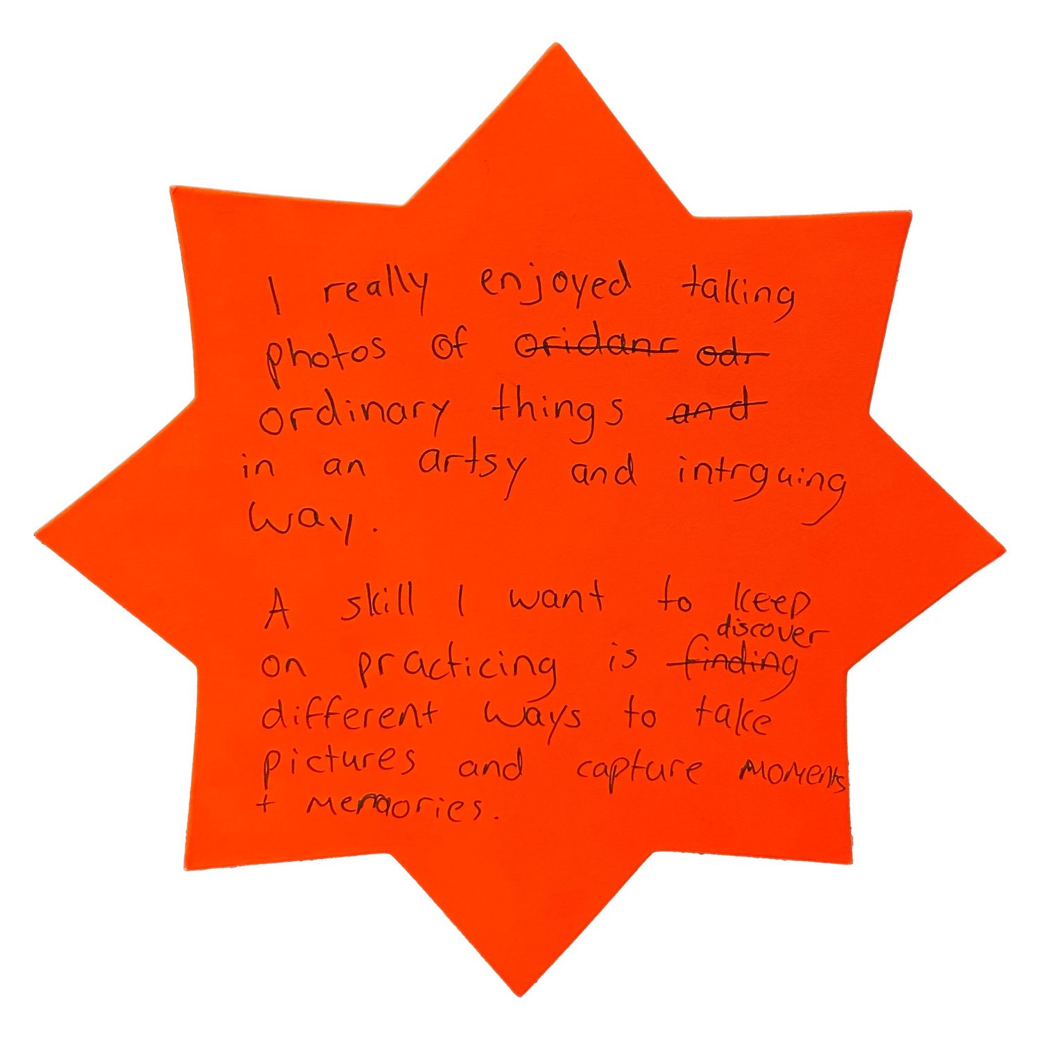 Handwritten notes on red star-shaped paper arranged in a row.