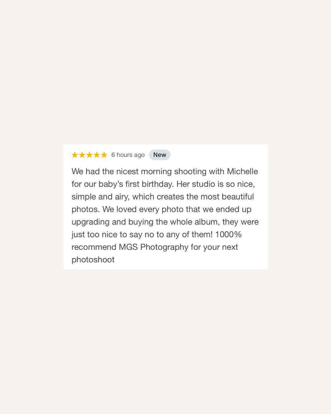 Five-star Google review recommending MGS Photography for a baby first birthday shoot, praising the airy studio and beautiful photos.