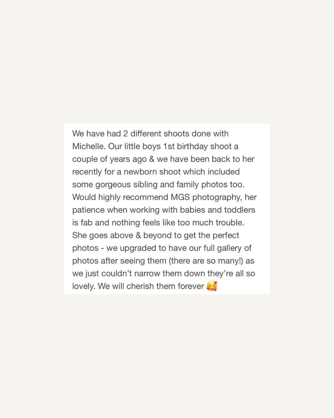 Five-star customer review praising MGS Photography for newborn, sibling, and family photo shoots with patience and professionalism.