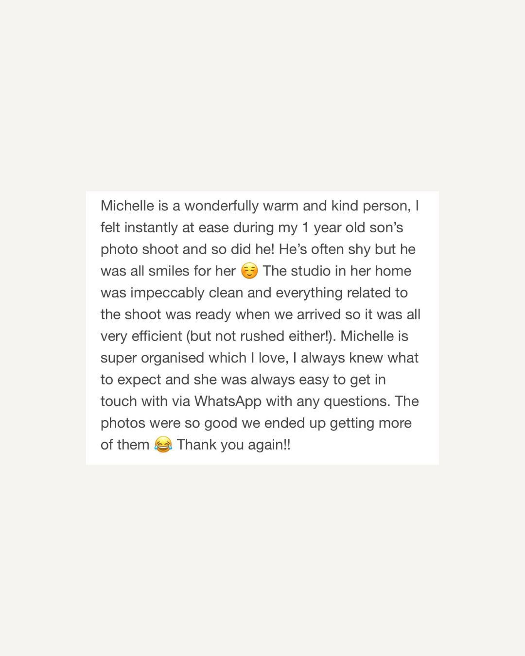 Five-star customer review praising Michelle's warm photography studio, organized service, and beautiful photos of a 1-year-old boy.