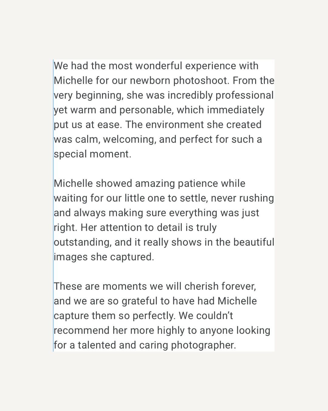 A glowing five-star customer review praising Michelle for her warm, patient, and talented newborn photography services.