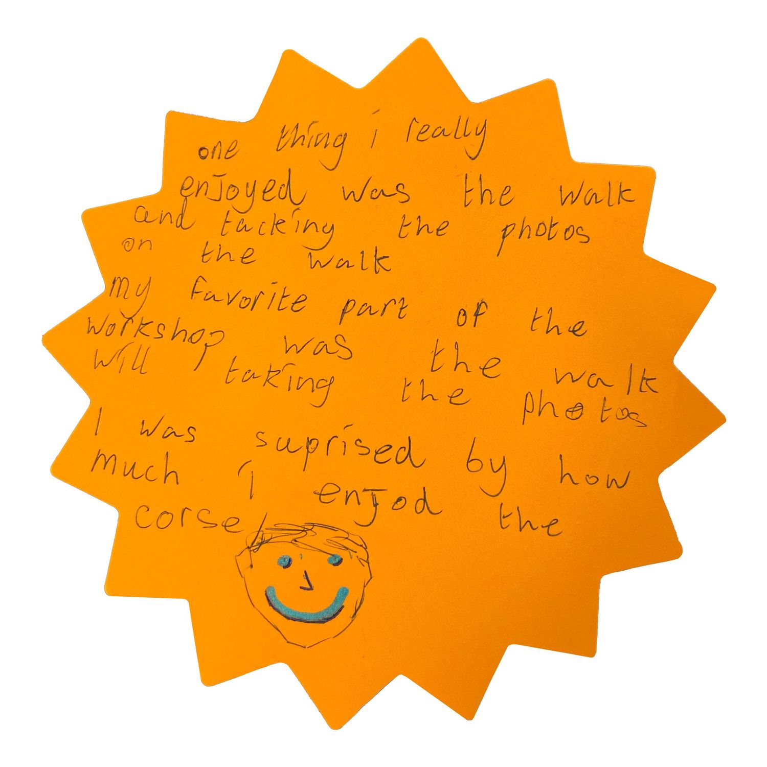 Orange star-shaped sticky notes with handwritten feedback and a smiley face.