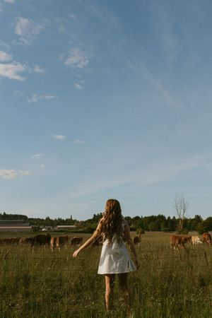A person in a white dress stands in a grassy field with grazing cows under a blue summer sky.