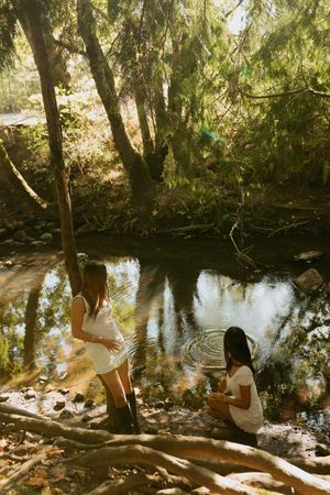 A series of photos showing people sitting by a tranquil stream in a wooded area on a sunny day.