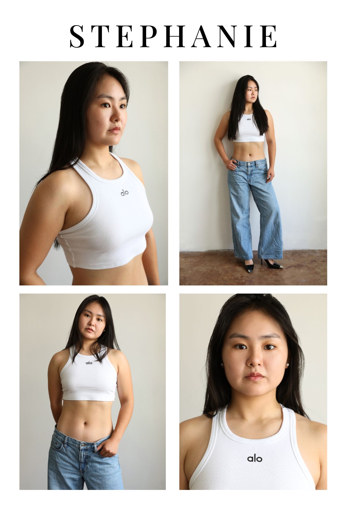Young woman named Stephanie poses in four views wearing a white Alo sports bra and blue jeans against a neutral background.