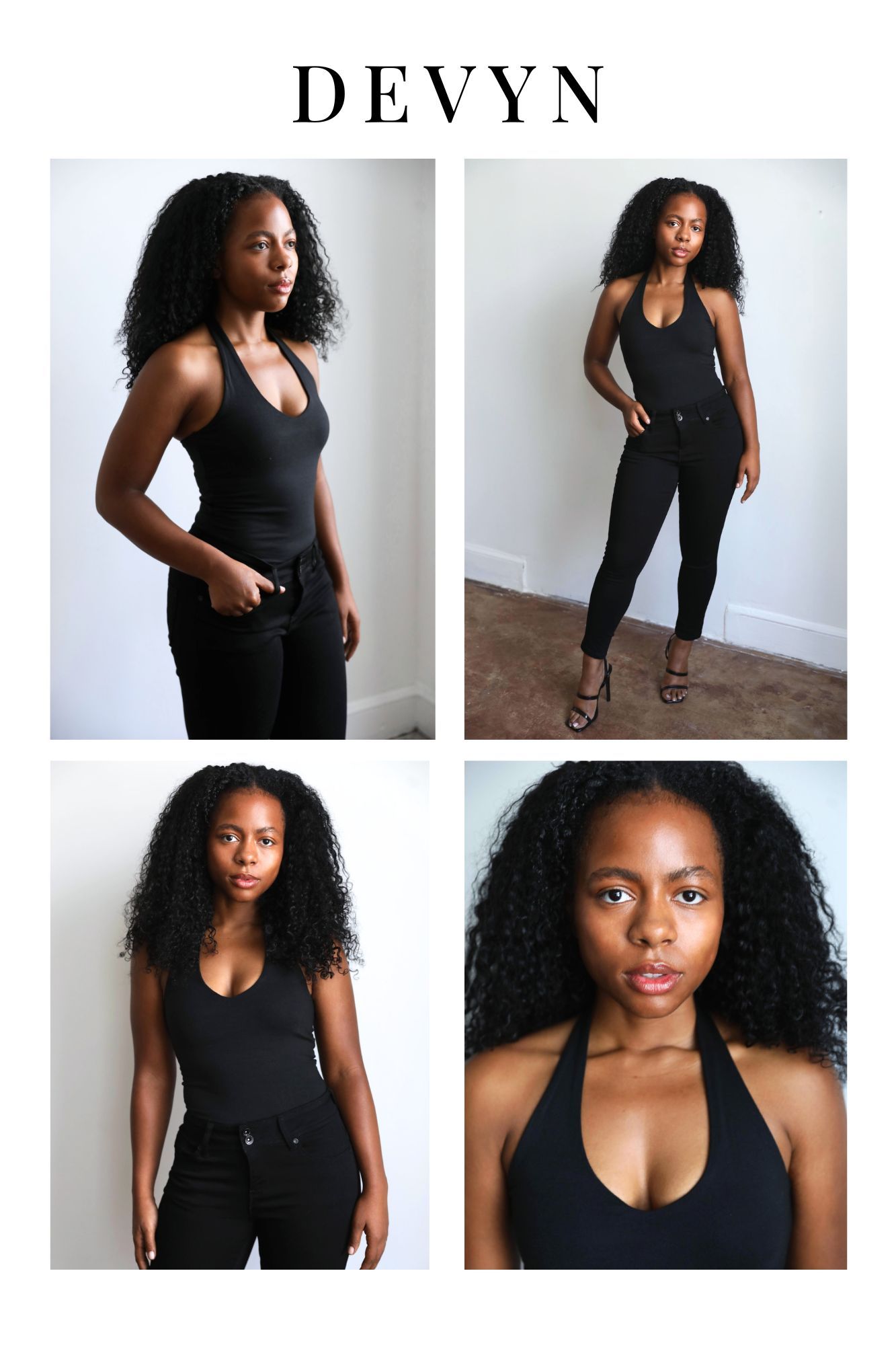 Devyn, a young Black woman with curly hair, poses in four photos wearing a black bodysuit and jeans.