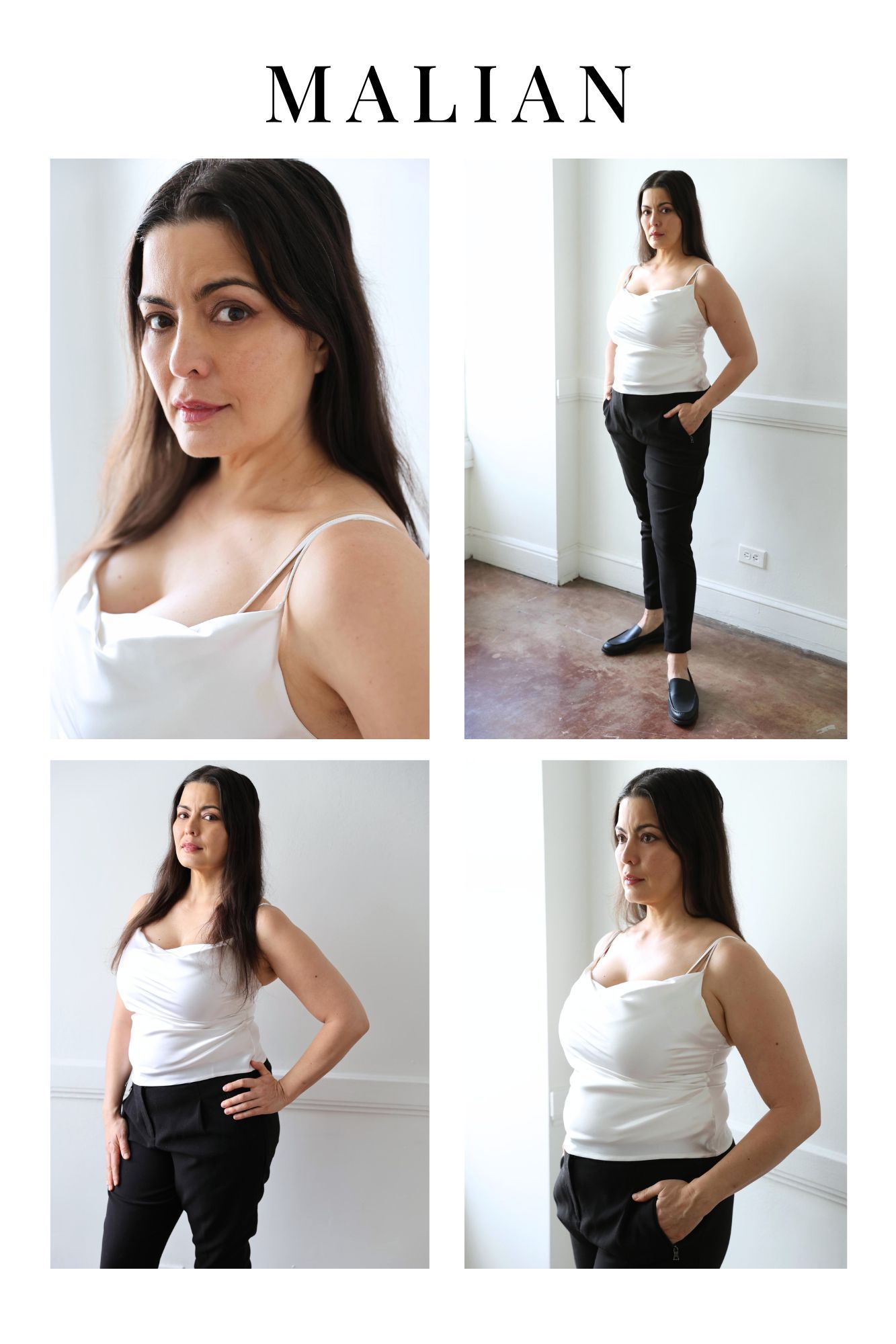 Woman in white spaghetti strap camisole and black trousers poses in four views for Malian fashion brand.