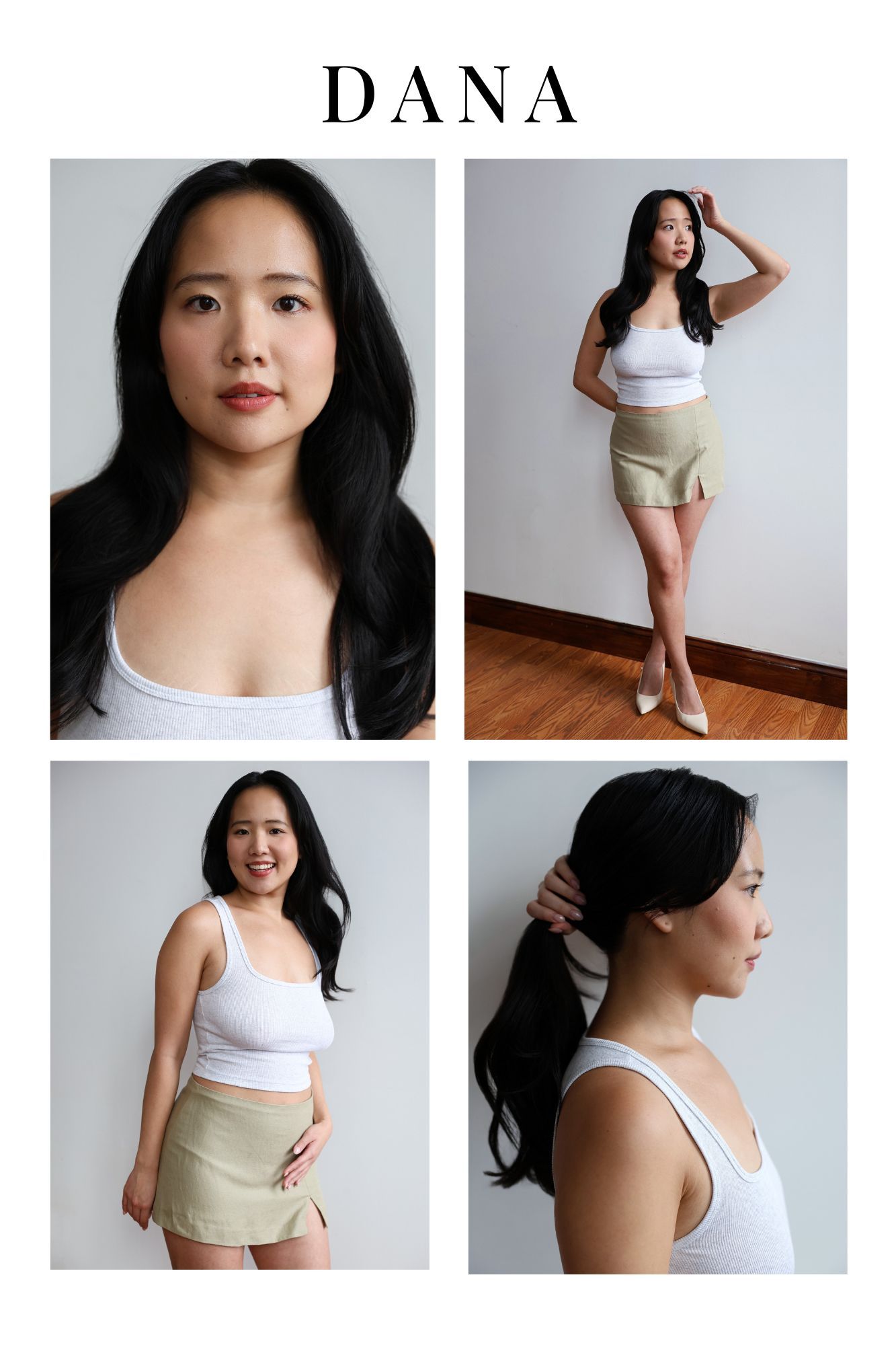 Dana, an Asian woman in a white tank top and khaki mini skirt, poses in four photos showing front, full body, casual, and side views.