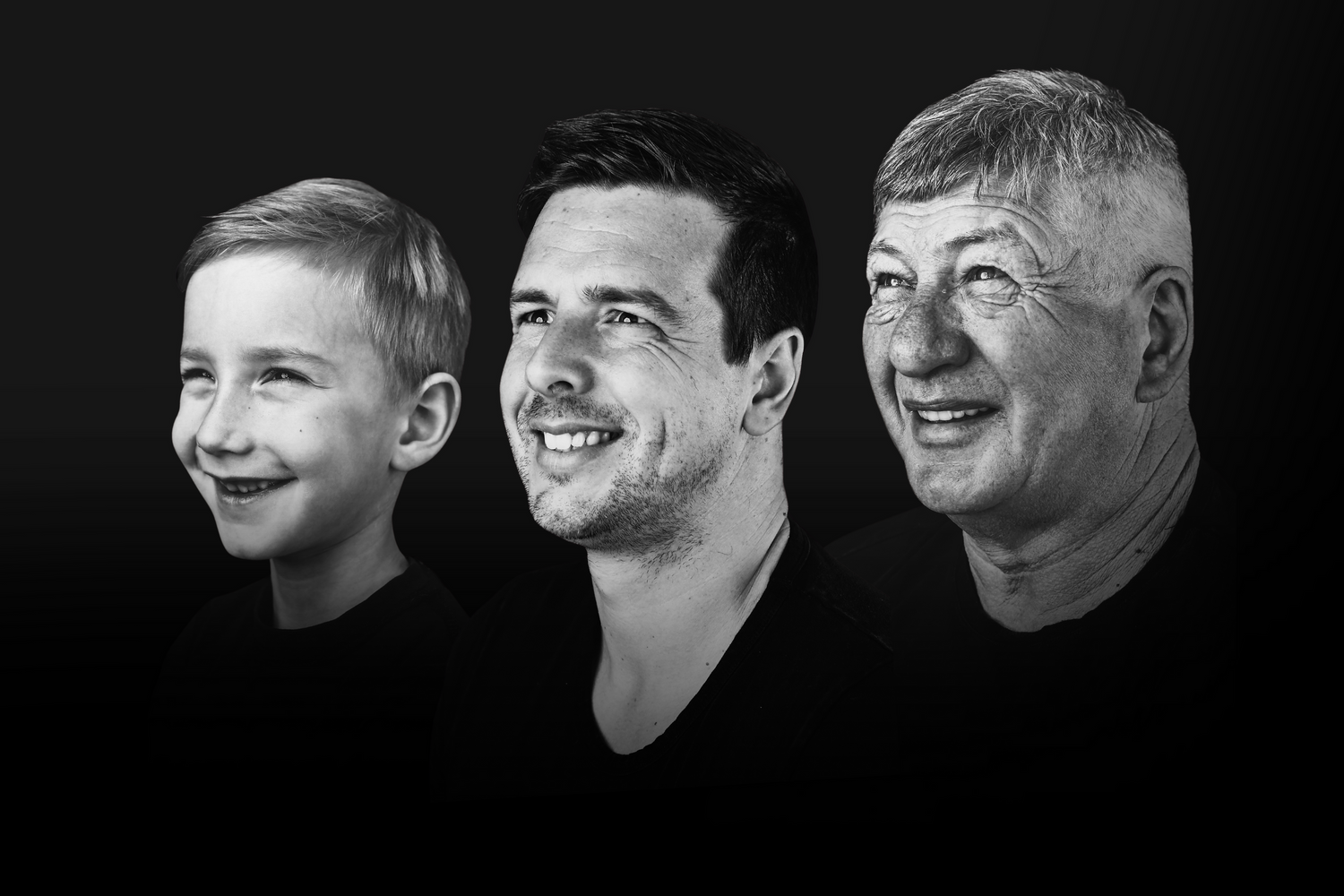 Black and white generational portrait showing three profiles of males from different ages.