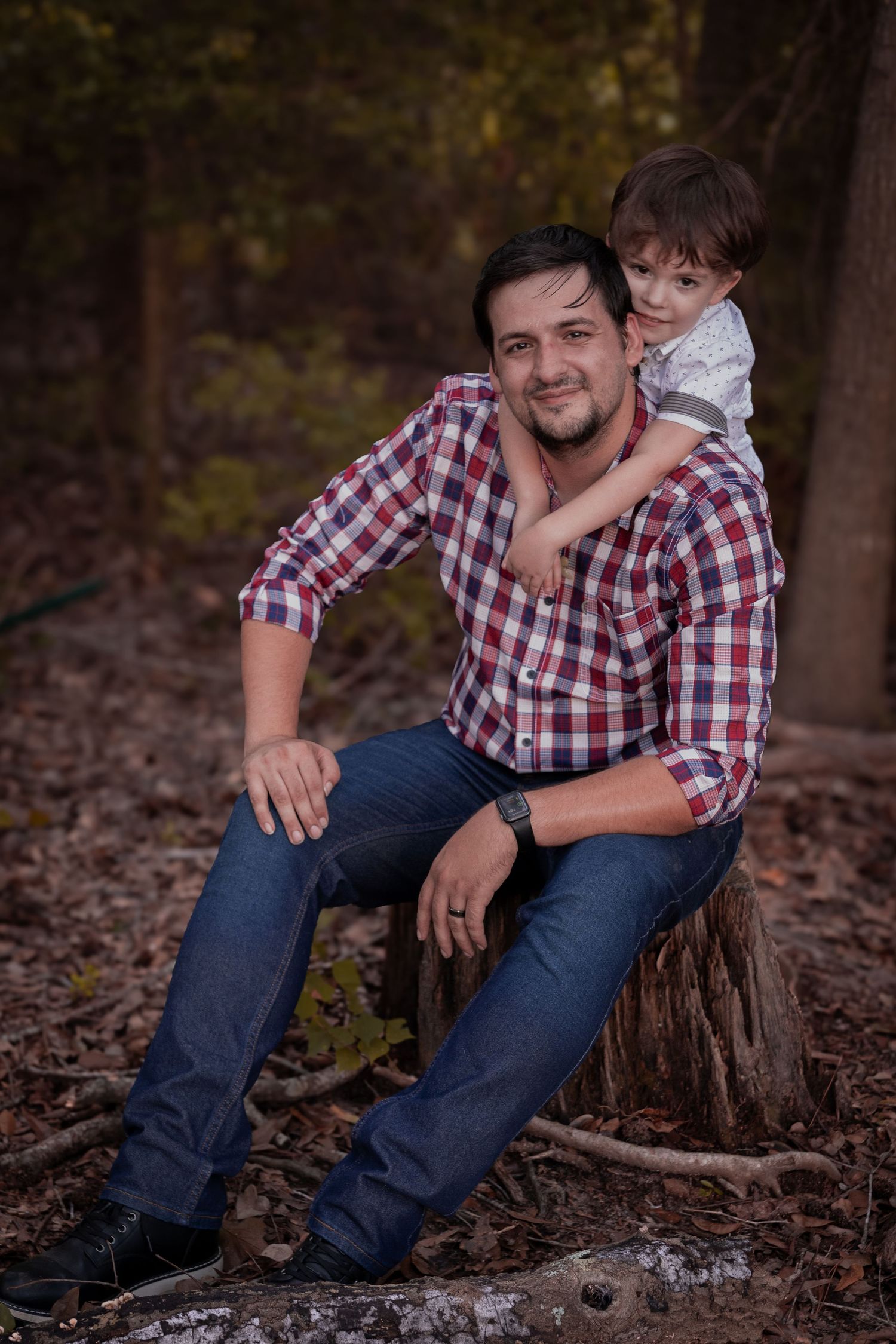 A series of intimate fall portraits showing a parent and child sitting on a tree stump in a wooded setting.