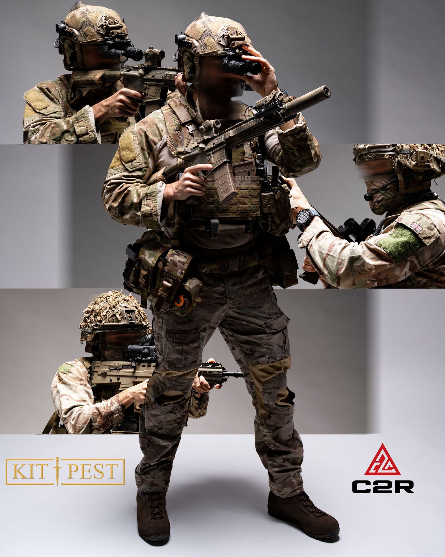 Military personnel in tactical gear and camouflage uniforms aim rifles in combat formation during special operations training.