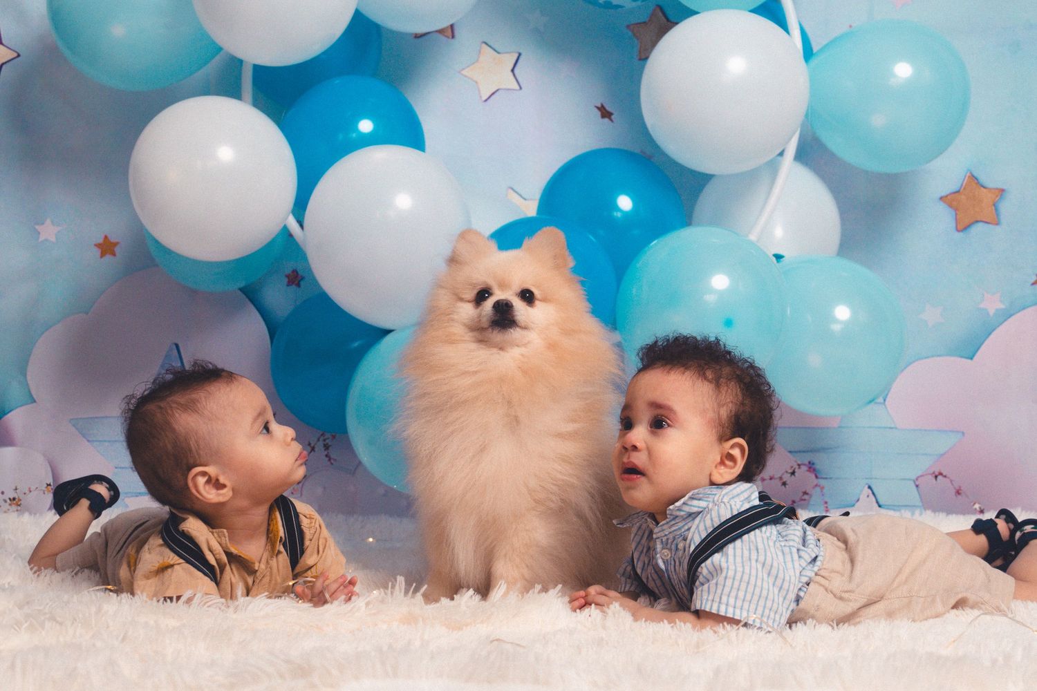 Festive birthday setup with blue and white balloons against a light background.