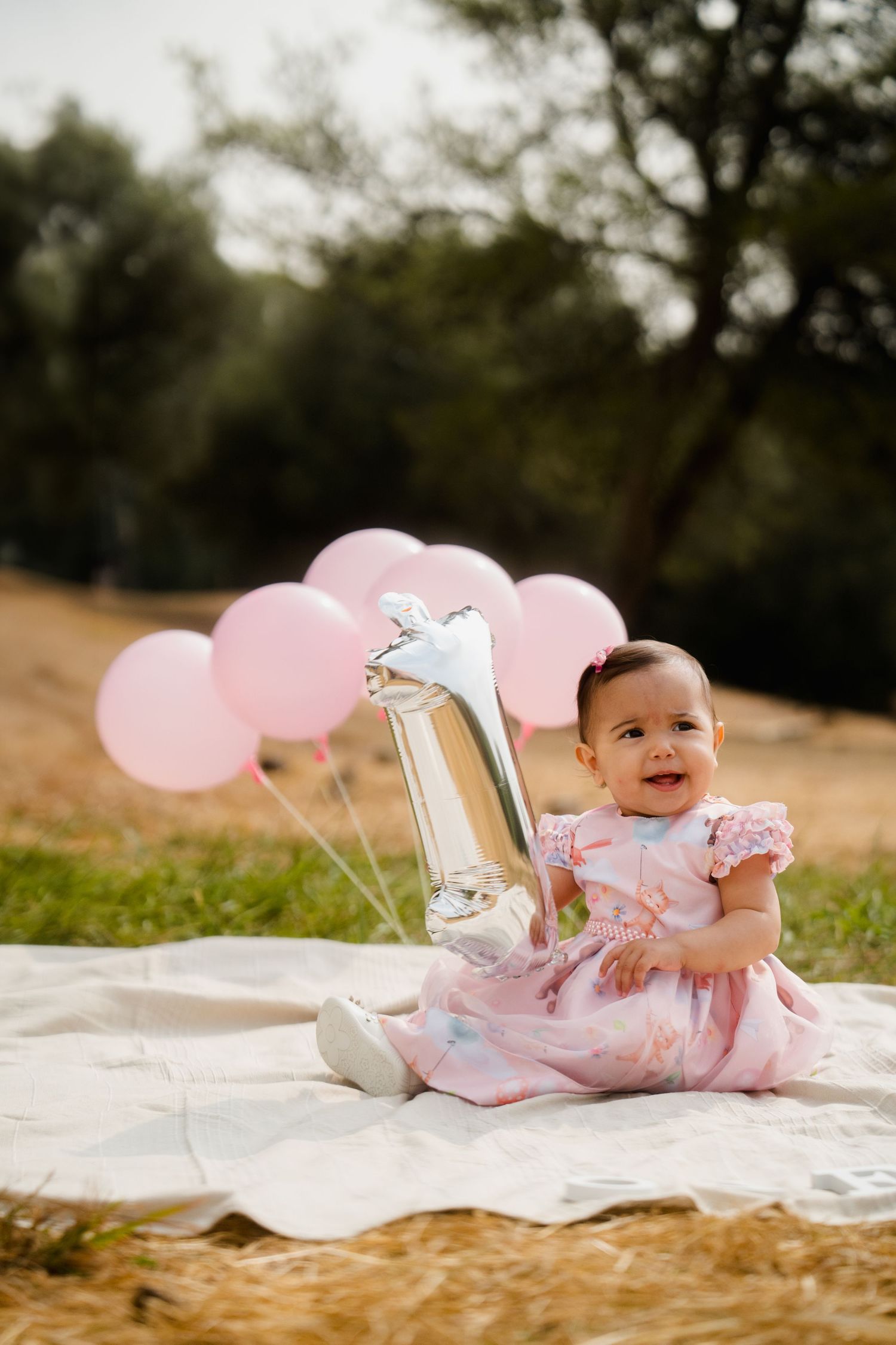 Baby milestone photoshoot with pink balloons and number one decoration outdoors.