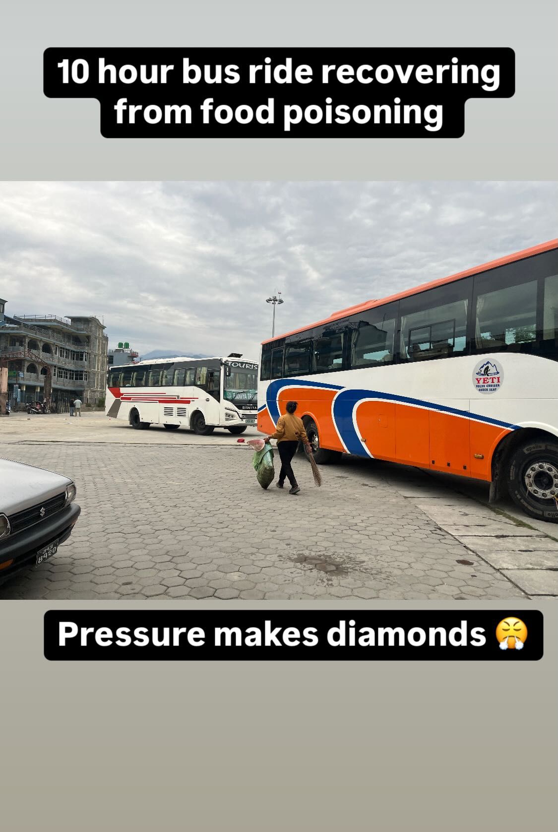 Row of orange and white buses parked in a large concrete lot with text overlay about recovery.