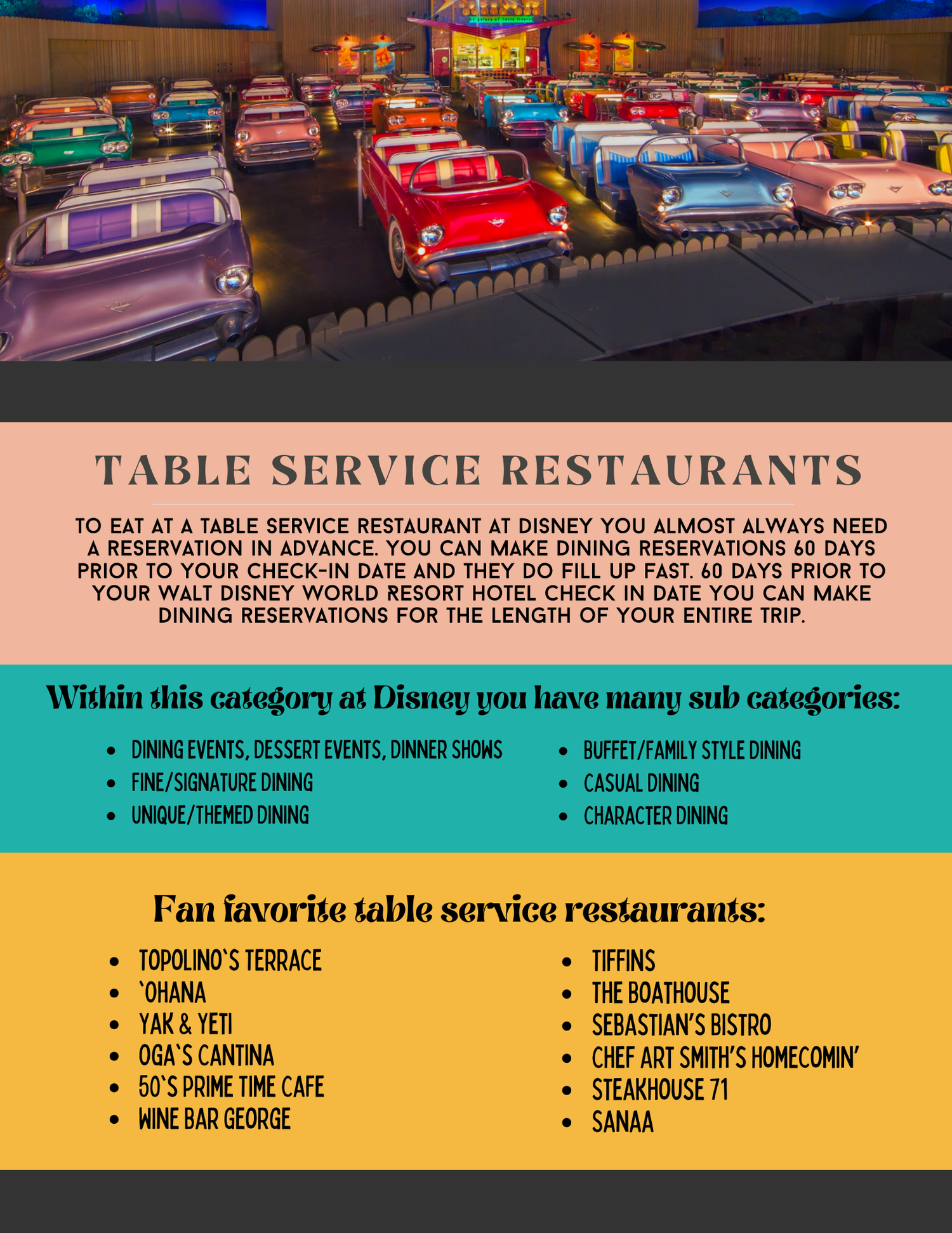 Retro car-themed dining tables arranged in rows at a Disney restaurant with colorful lighting and decor.