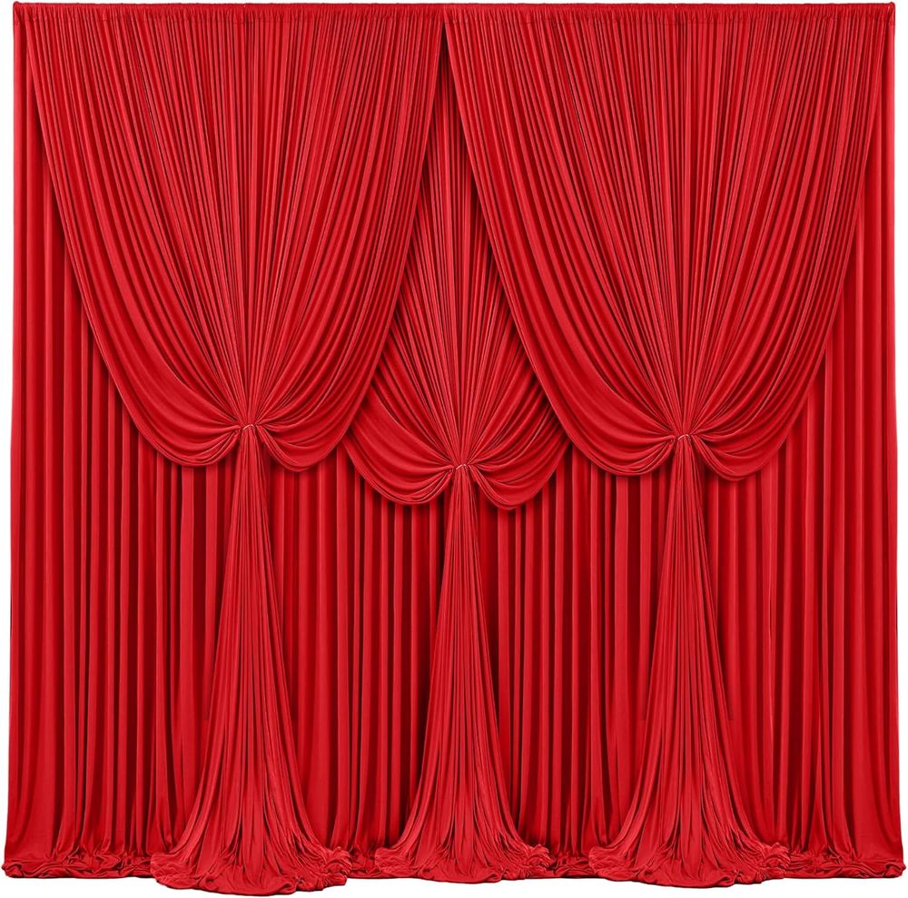 Red theater curtains with different draping styles and arrangements shown in a row against a white background.