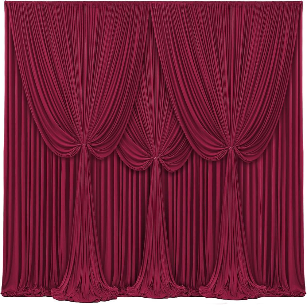 Elegant burgundy velvet theater curtains shown in various draping and gathering styles against a white background.