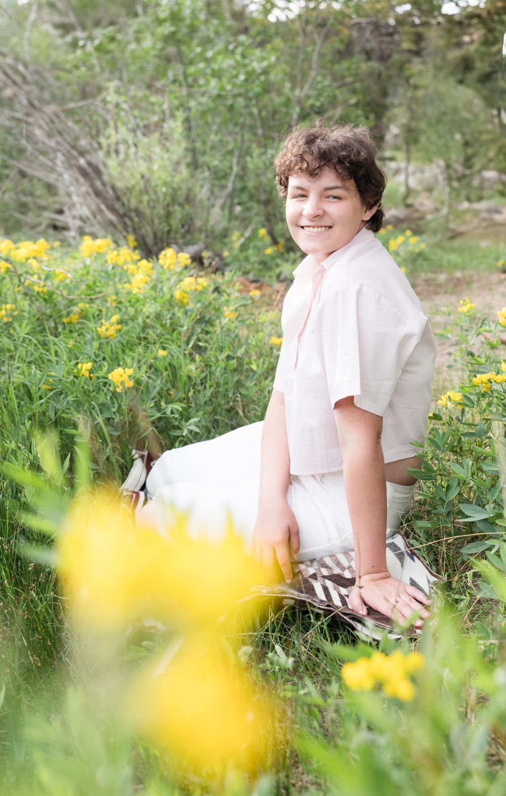 Springtime meadow scene with yellow wildflowers blooming in a natural outdoor setting.