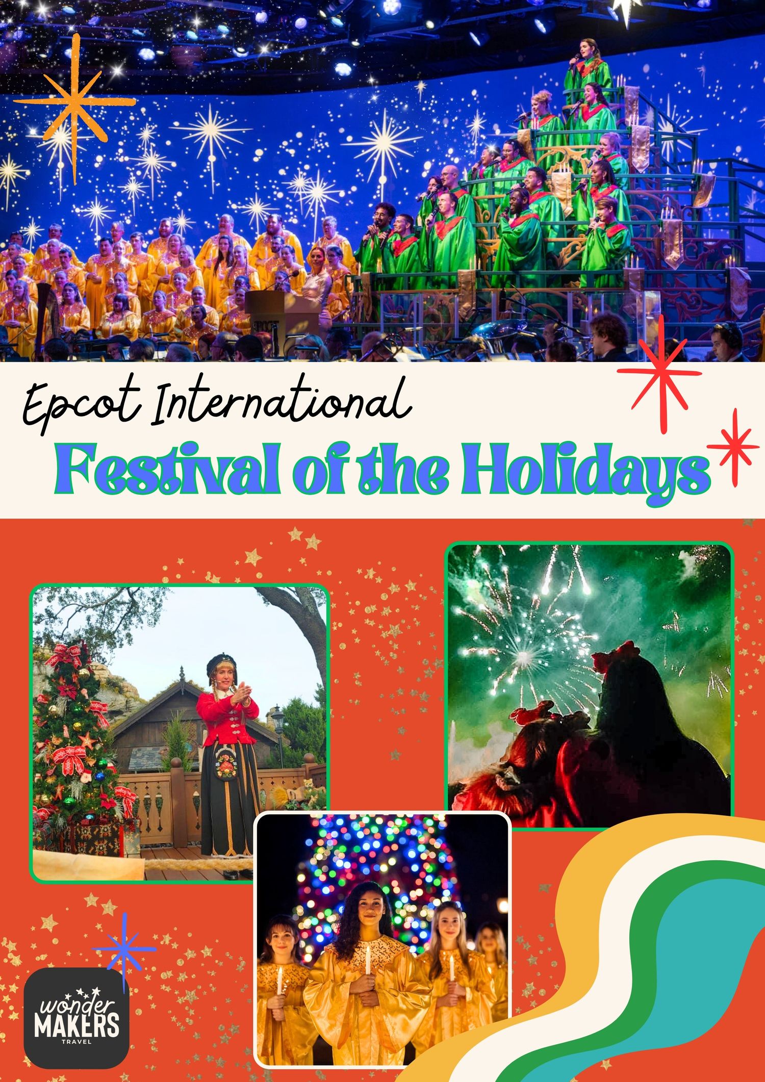 Illuminated Christmas tree performance display with choir singers at EPCOT's Festival of the Holidays.