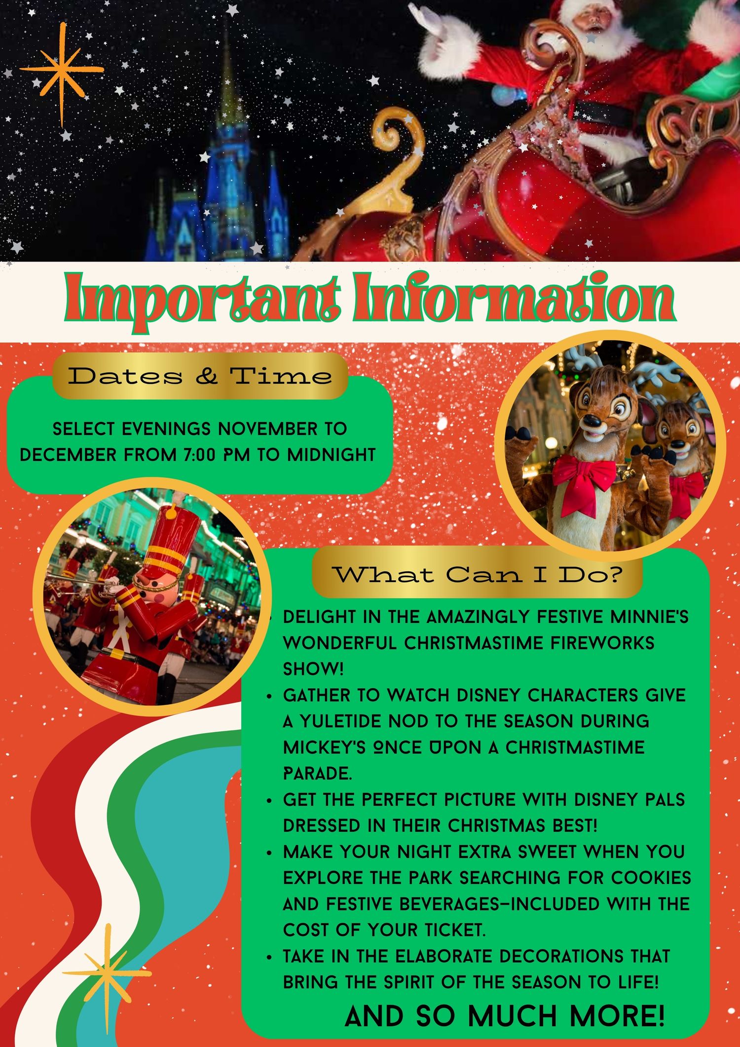 Event information poster for Disney Christmas festivities with holiday themed decorations.