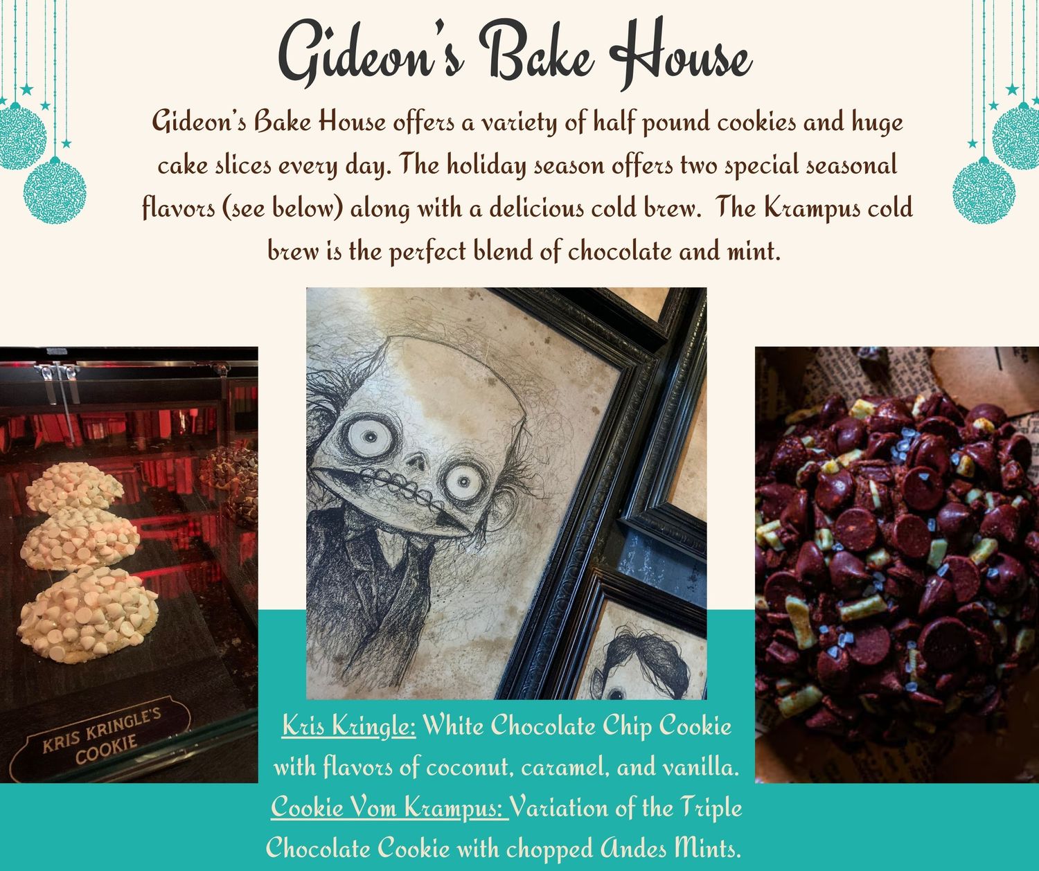 Interior of Gideon's Bakehouse showing cookies and gothic decorative elements in dark lighting.