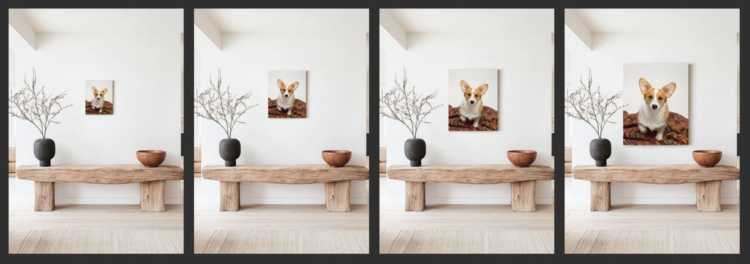 A set of four progressive images showing different sizes of a portrait of a Welsh Corgi puppy.