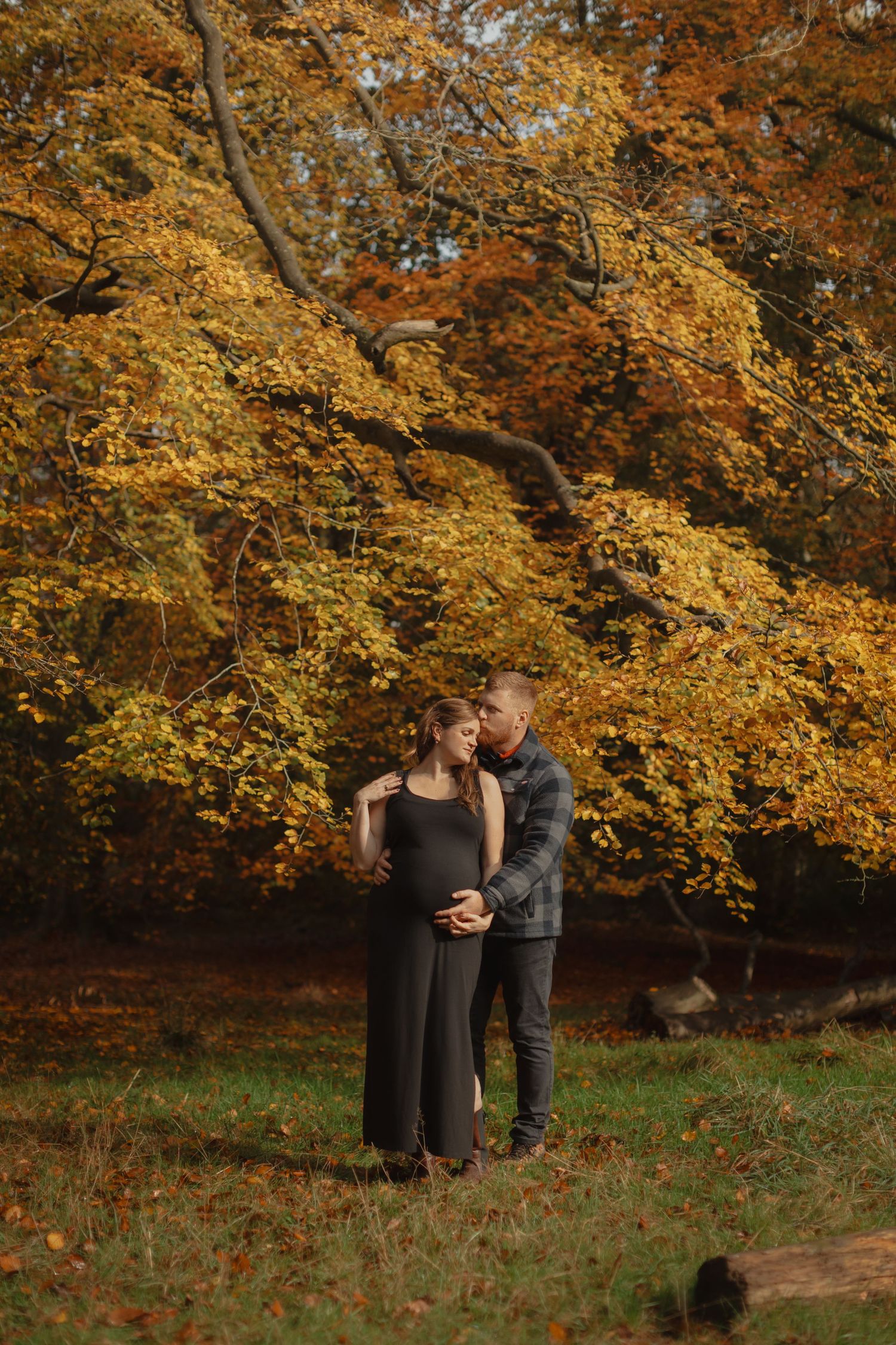 Couple shares a romantic moment beneath golden autumn trees in a park setting, surrounded by fallen leaves.