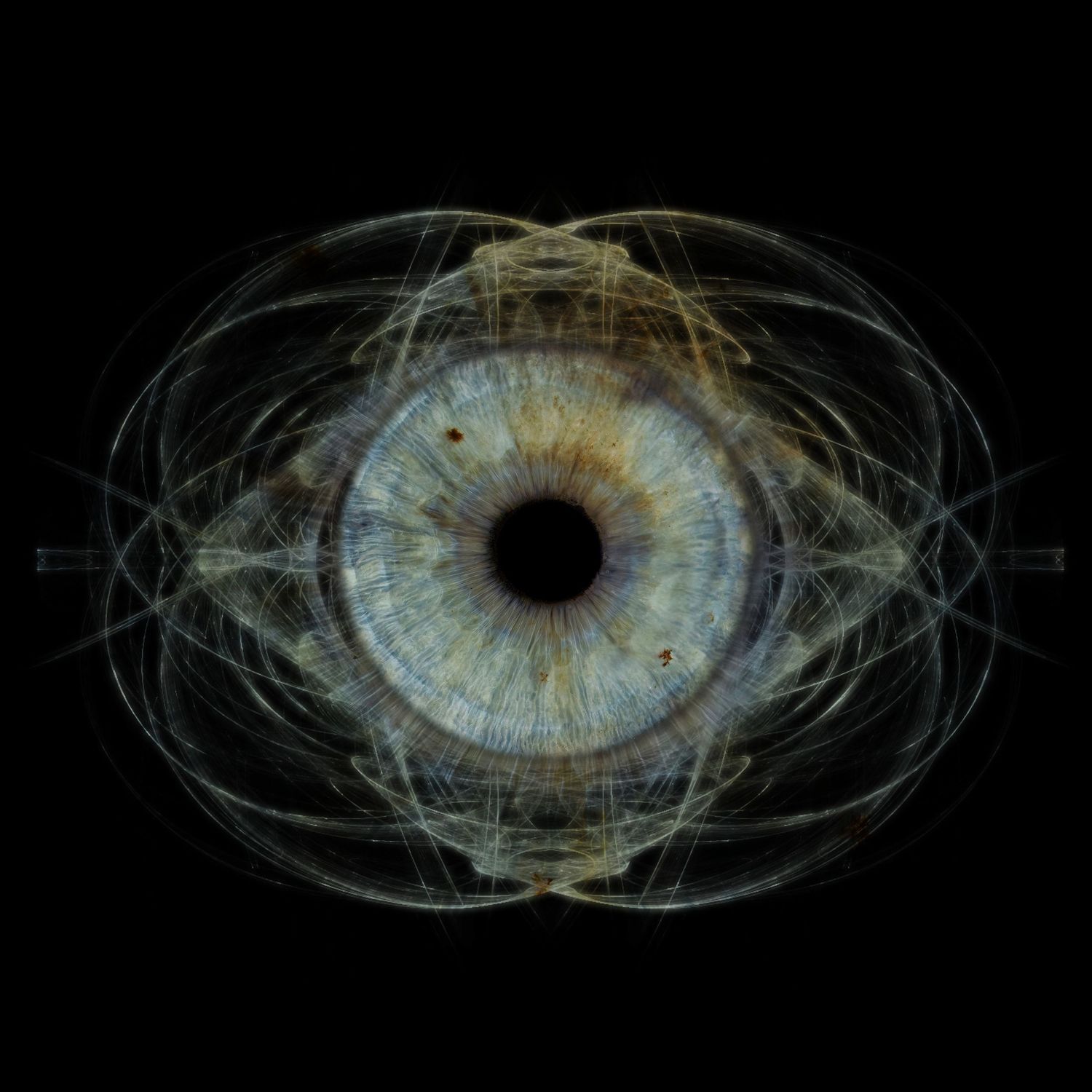A close-up artistic rendering of a blue human iris with geometric patterns overlaid against a black background.