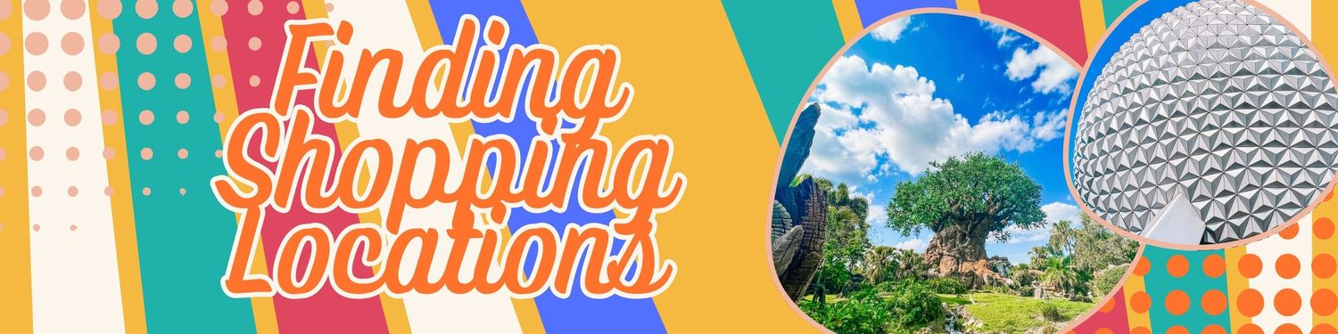 Disney World banner featuring Spaceship Earth and colorful text about finding shopping locations.