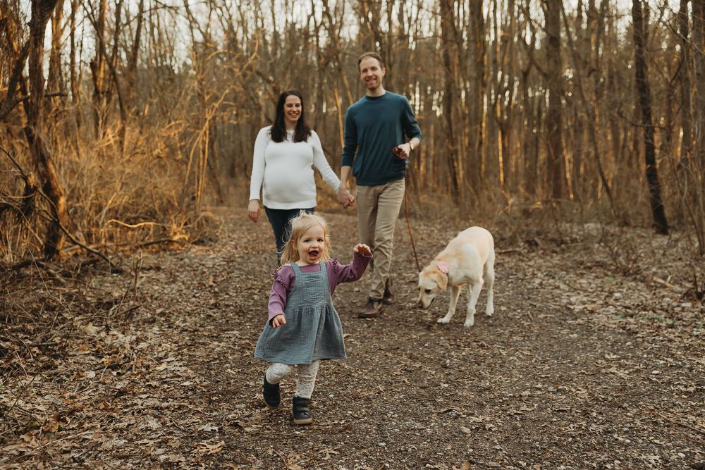 People walking with a dog on a forest trail during autumn as the golden light filters through bare trees.