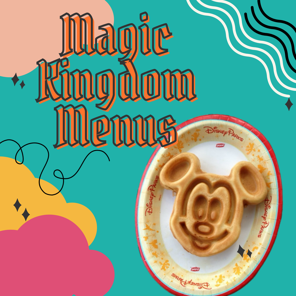 Retro-styled graphic featuring a Mickey-shaped waffle against a teal and coral background advertising Magic Kingdom menus.