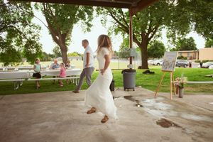 A horizontal sequence of wedding photos shows people celebrating in an outdoor park setting with trees and sidewalks.