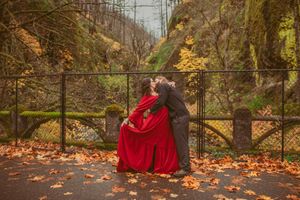 A romantic autumn scene with golden leaves and black fencing in the background.