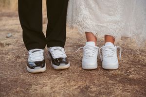 A series of close-up shots showing different pairs of white sneakers on natural ground.