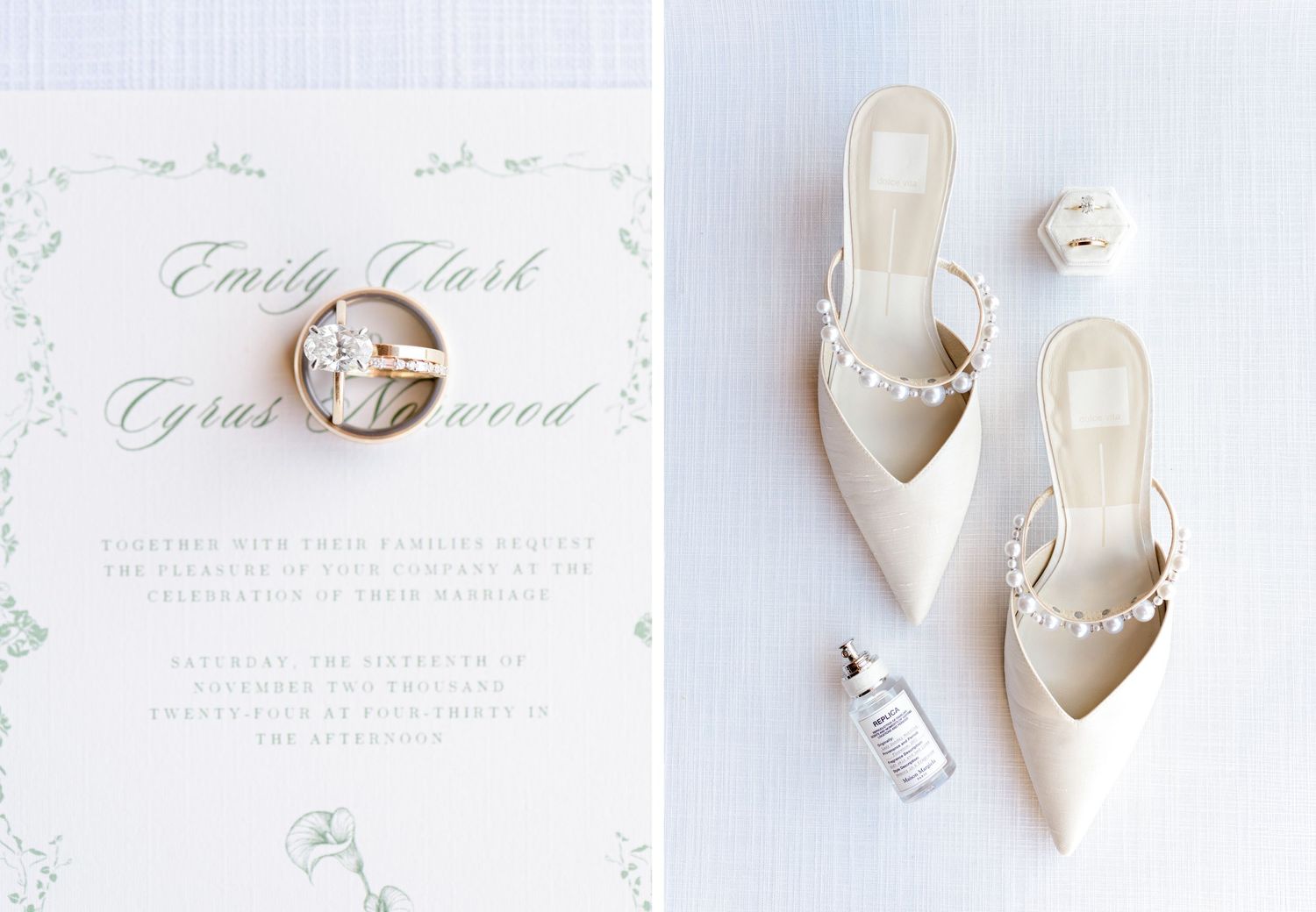 Wedding details including invitation and bridal shoes arranged on white background.