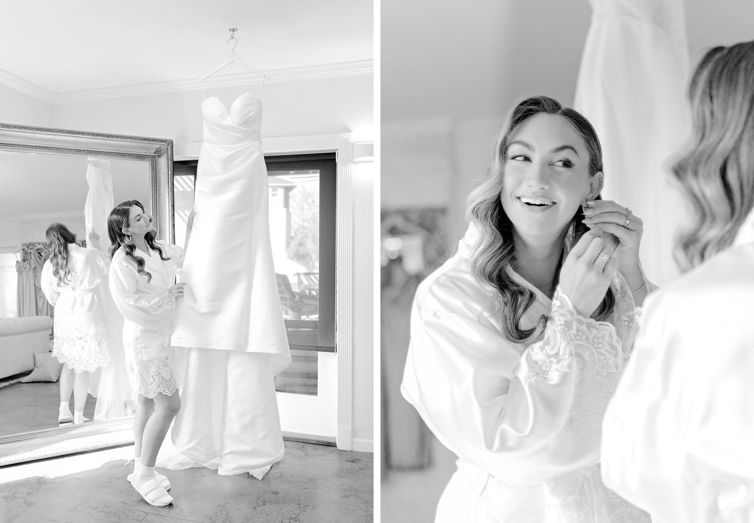 Wedding preparations in bright dressing room with white gown displayed.