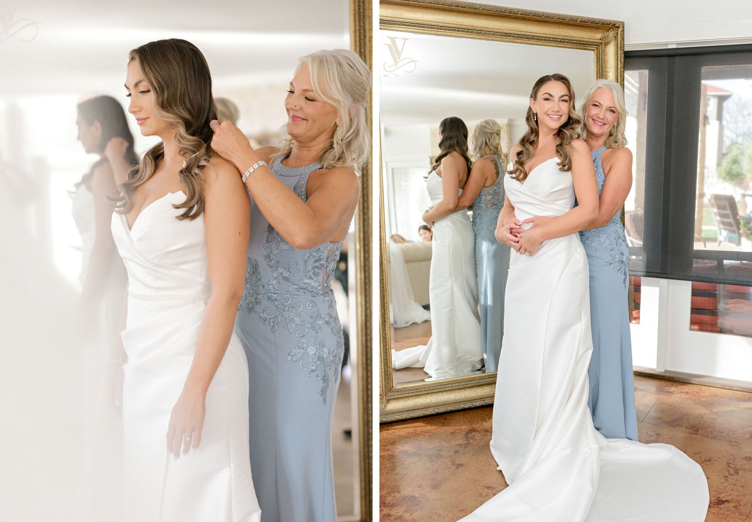 A bride in a white wedding gown getting help with her dress from her mom in a blue formal gown.