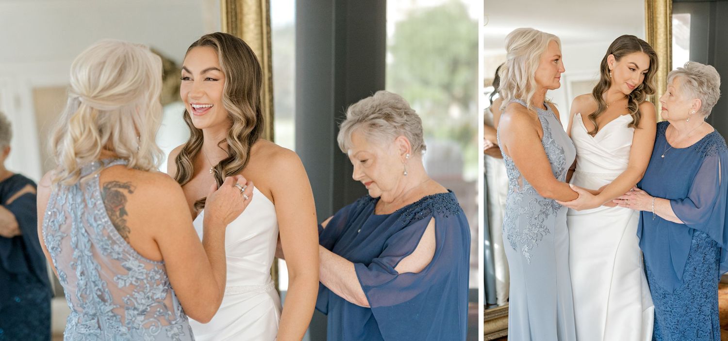 An emotional getting ready moment between wedding attendees in blue and white dresses.