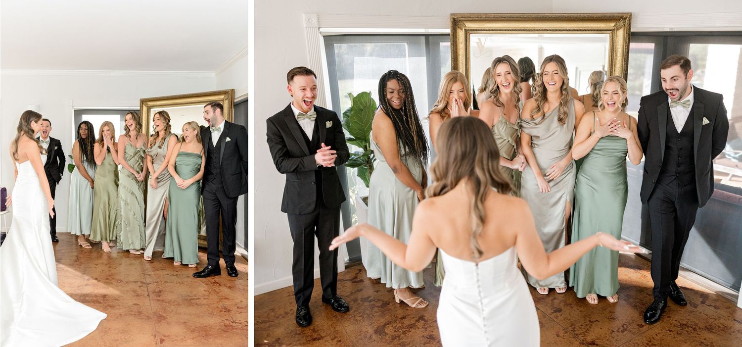 Wedding party gathered in a room with neutral colored bridesmaid dresses and formal attire.