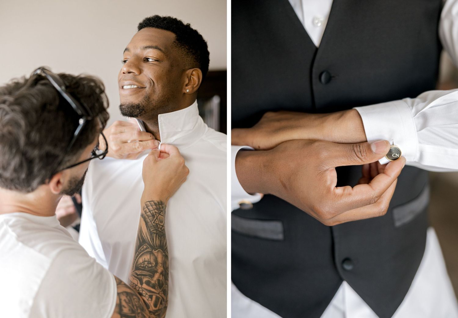 Getting ready scenes showing formal attire adjustments and wedding day preparations.