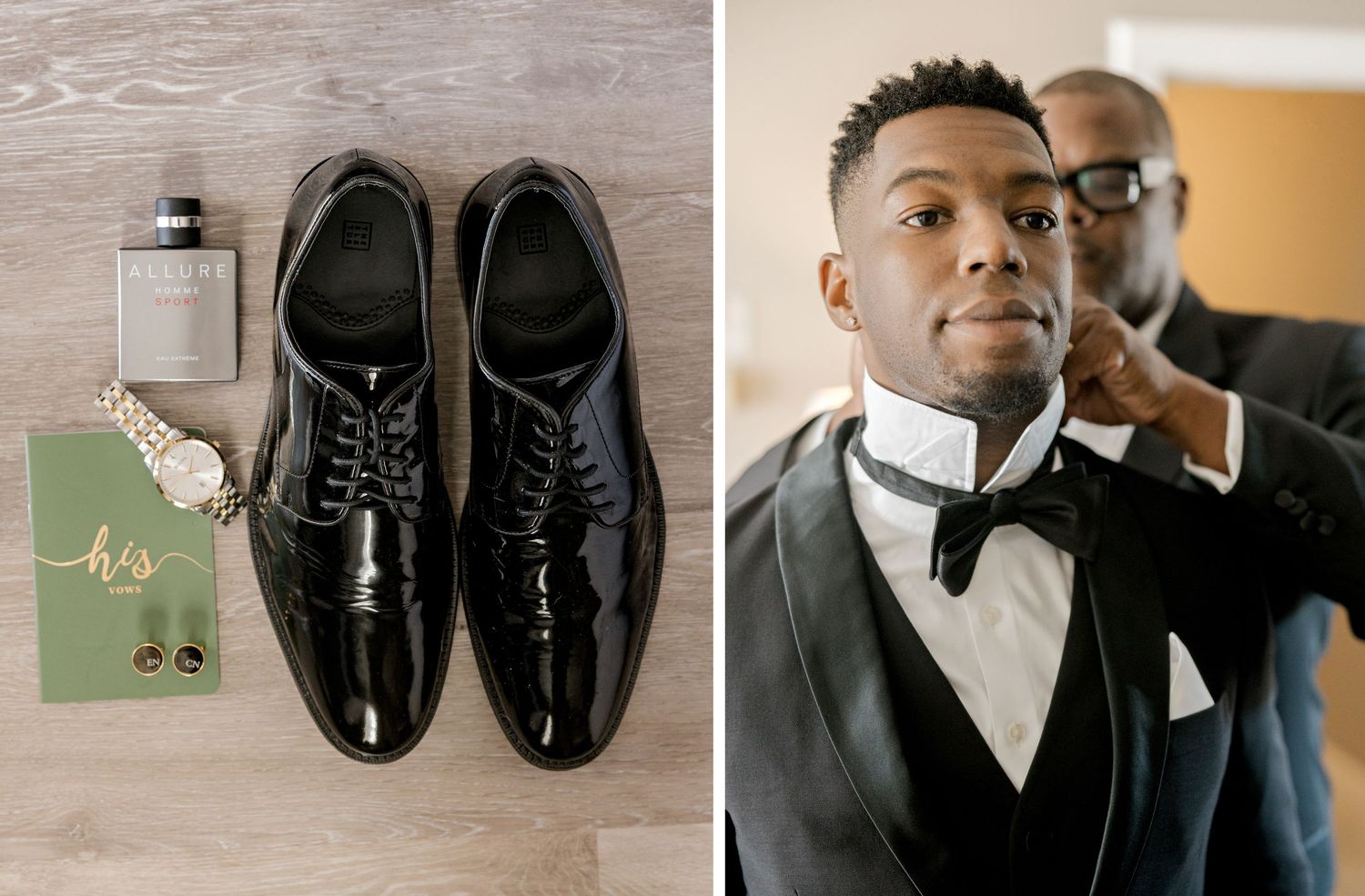 Wedding details featuring polished black dress shoes and final bow tie adjustments.