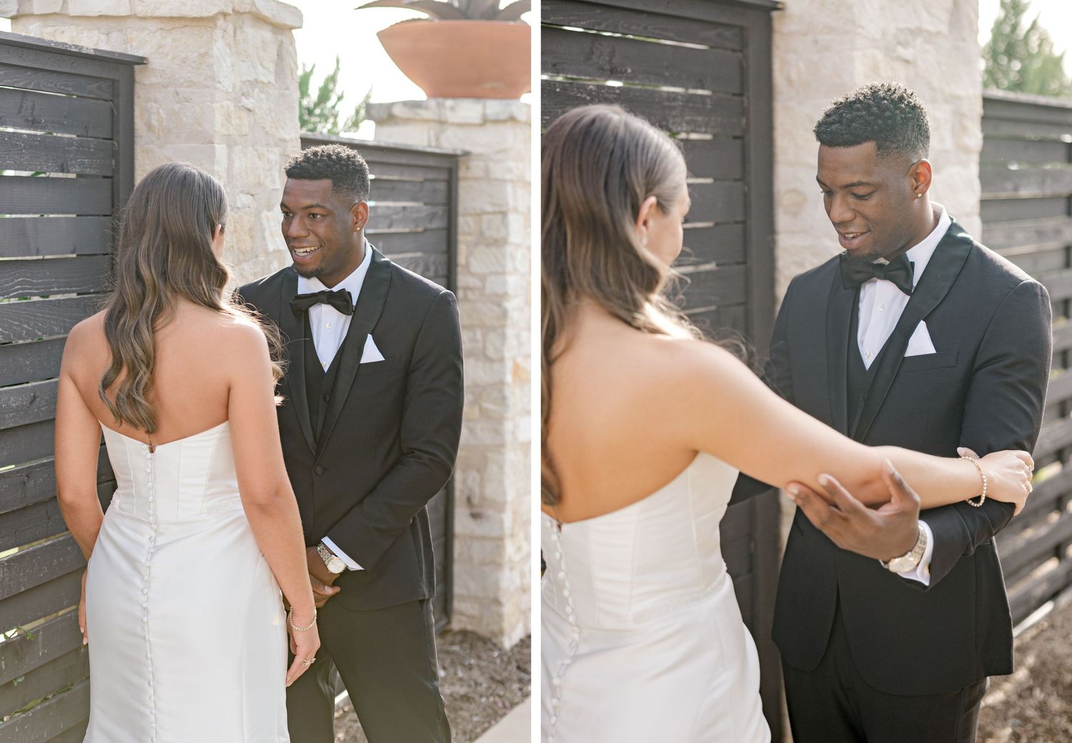 A bride and groom share an intimate first look moment against a dark wooden fence backdrop.