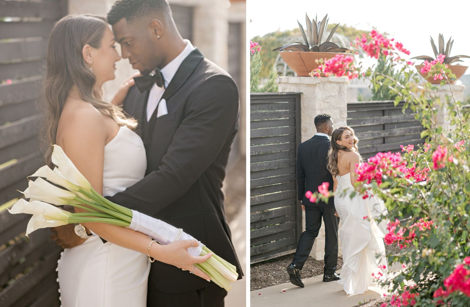 Wedding photo collage showcasing intimate moments and garden scenery with pink flowers.