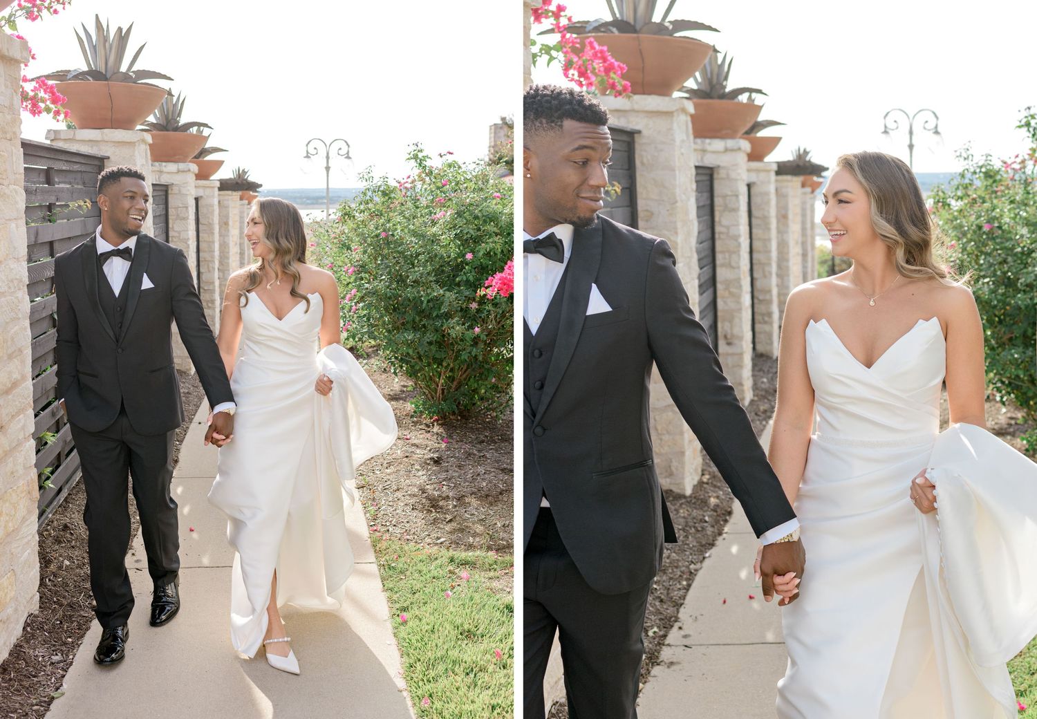 Elegant couple walks hand in hand along a garden pathway during their wedding.