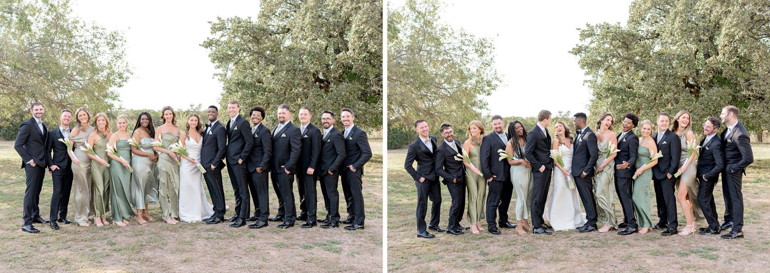 Wedding party lined up outdoors with groomsmen in dark suits and bridesmaids in sage green dresses.